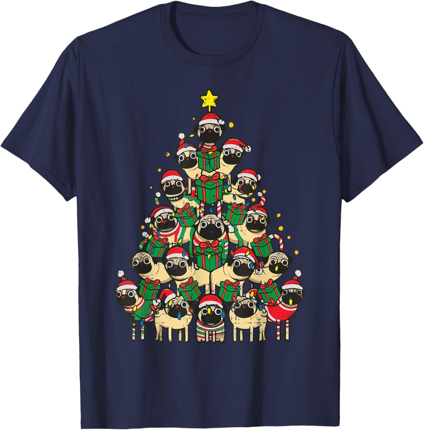 Dog Pugs Christmas Tree Cute Xmas Boys Girls Kids Women Men T-Shirt - T-Shirt | Navy
