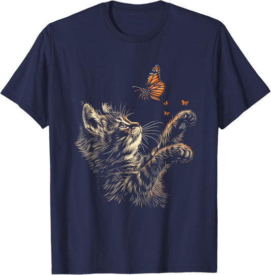Cute Cat Butterfly Graphic Women Teens Girls T-Shirt - T-Shirt | Navy