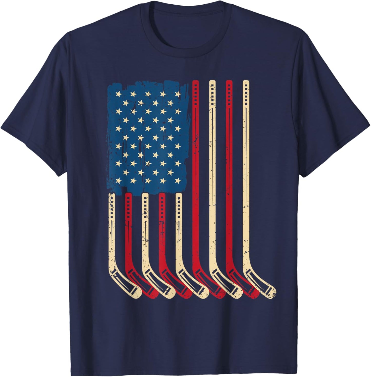 USA Flag Hockey Sticks Patriotic Youth Ice Hockey Player T-Shirt - T-Shirt | Navy