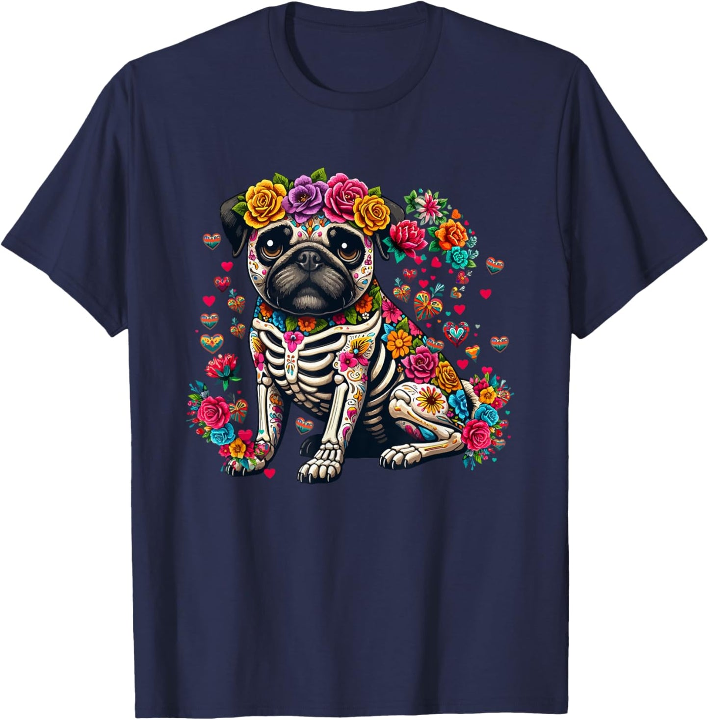 Pug Floral Skeleton Dia De Los Muertos Mexican Lover Owner T-Shirt - T-Shirt | Navy