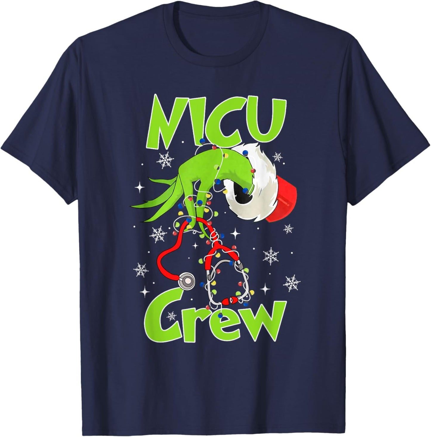 Nurse Christmas Stethoscope NICU Crew Xmas Lights Pajamas T-Shirt - T-Shirt | Navy