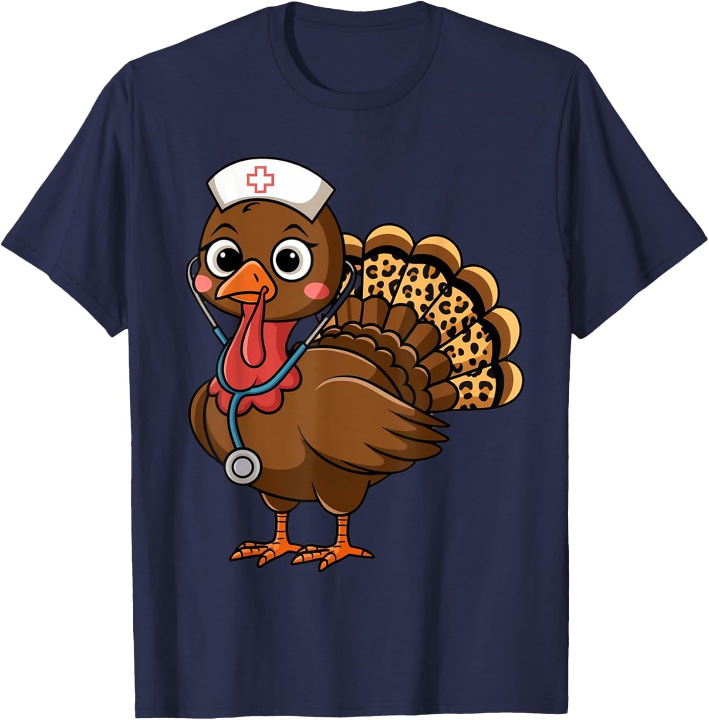 Turkey Nurse Stethoscope Thanksgiving Fall Scrub Top Women T-Shirt - T-Shirt | Navy