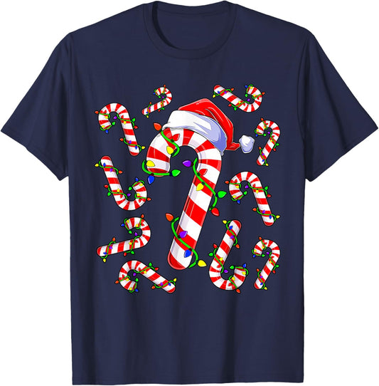 Red and White Christmas Candy Cane Santa Lights Christmas T-Shirt - T-Shirt | Navy