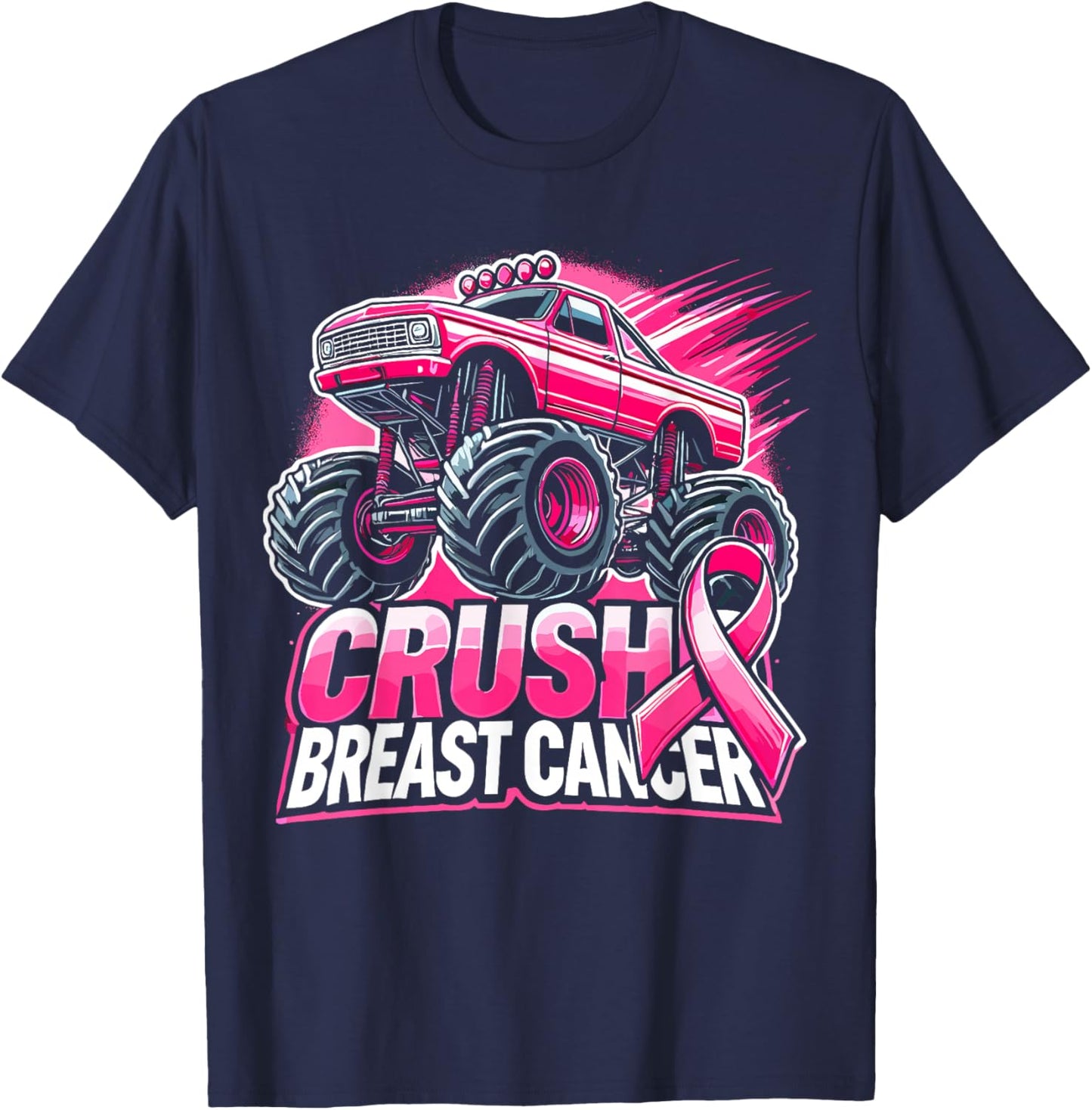 Monster Truck Pink Breast Cancer Awareness T-Shirt - T-Shirt | Navy