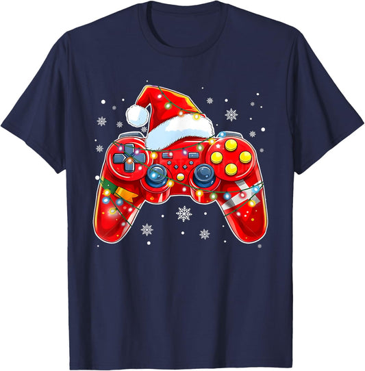 Video Game Controller Christmas Santa Hat Gamer Boys T-Shirt - T-Shirt | Navy