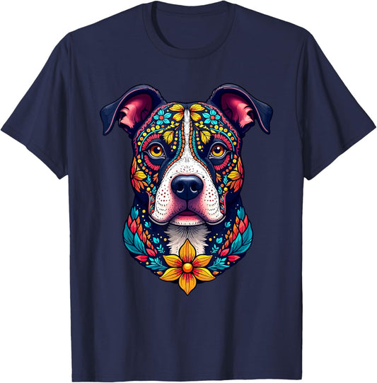 Mexican Sugar Skull Pitbull Dog Dia de Muertos Halloween Day T-Shirt - T-Shirt | Navy
