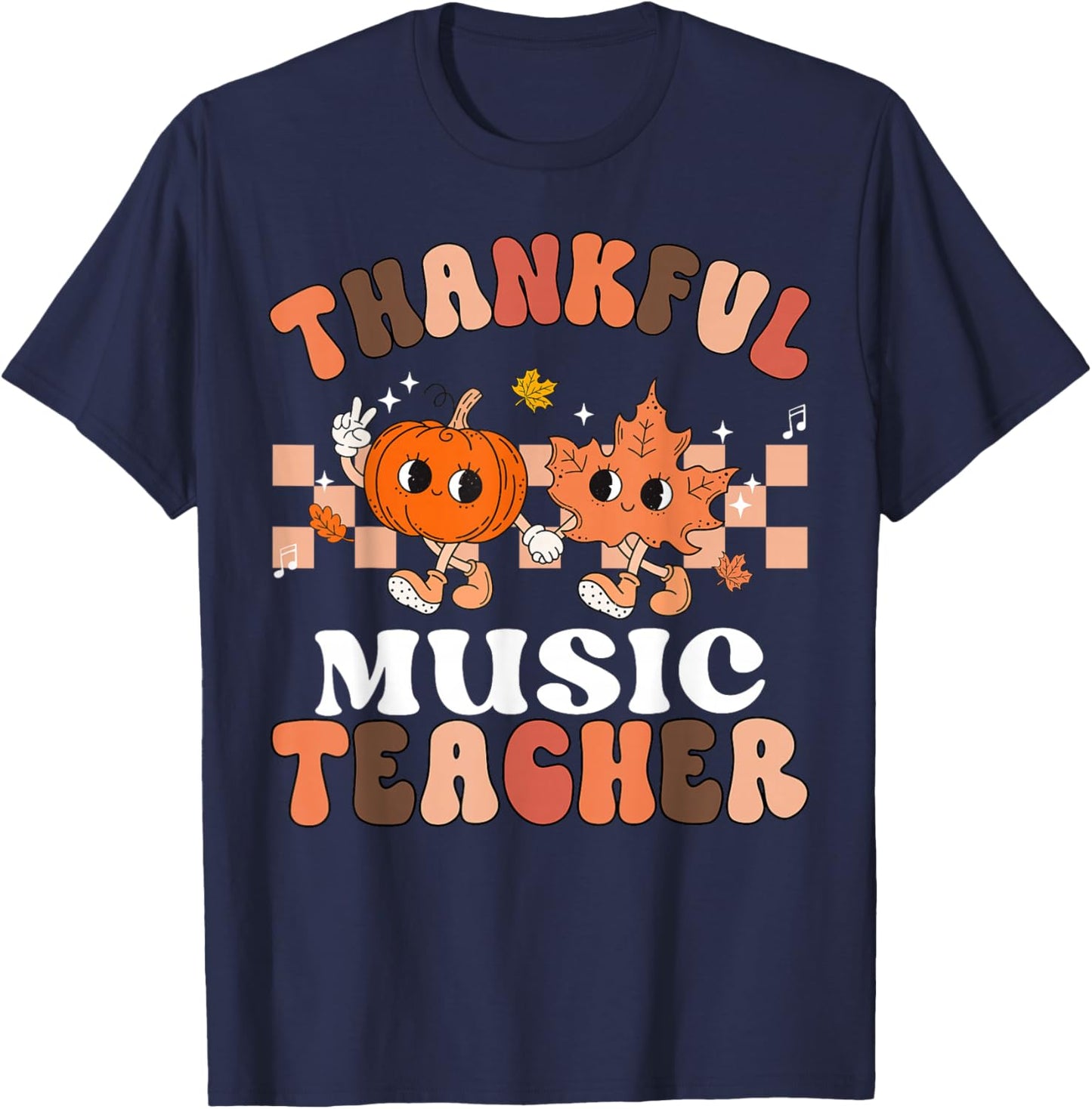 Retro Thankful Music Teacher Pumpkin Fall Thanksgiving T-Shirt - T-Shirt | Navy