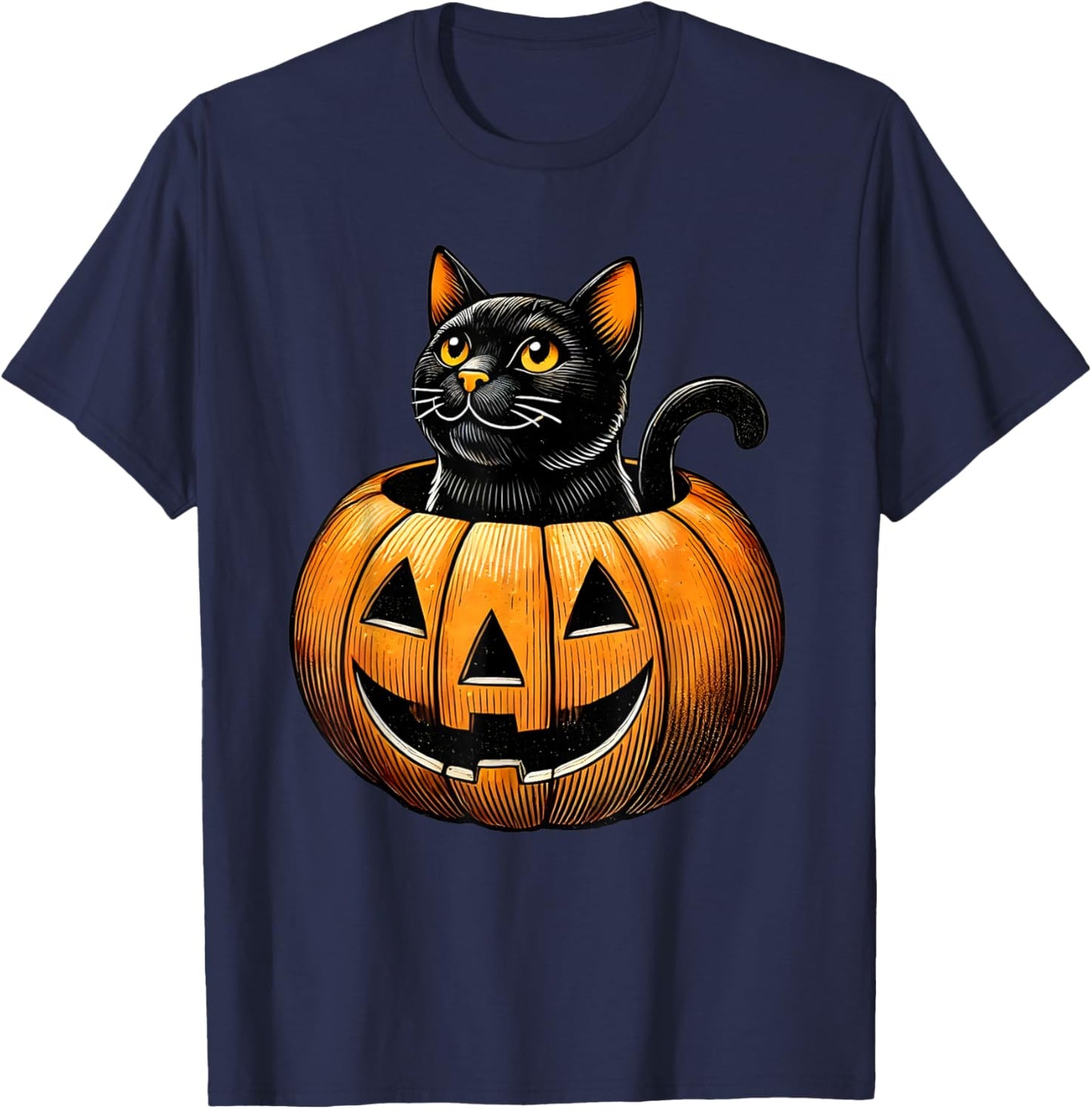 Retro Black Cat in Pumpkin Fun Halloween Costume Men Women Kids T-Shirt - T-Shirt | Navy