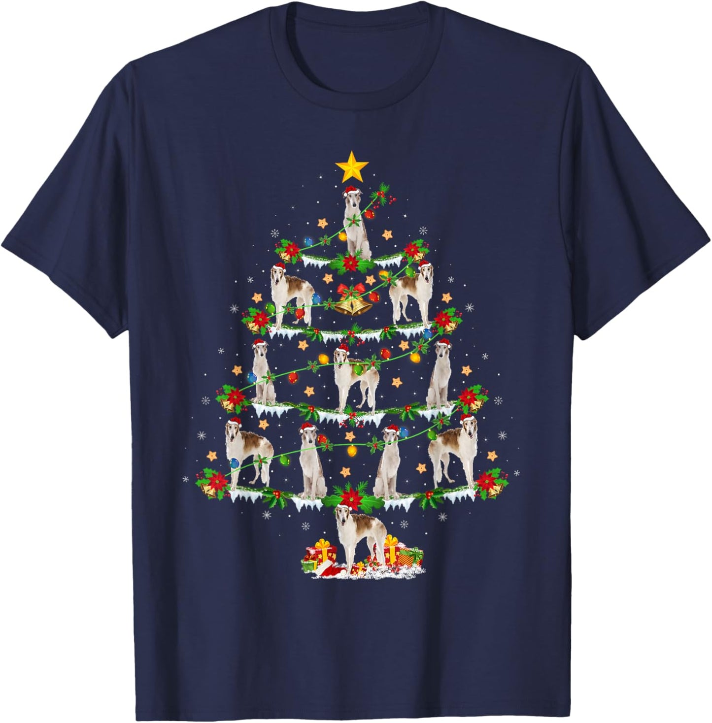 Borzoi Dog Xmas Lights Santa Borzoi Christmas Tree Women Kids T-Shirt - T-Shirt | Navy