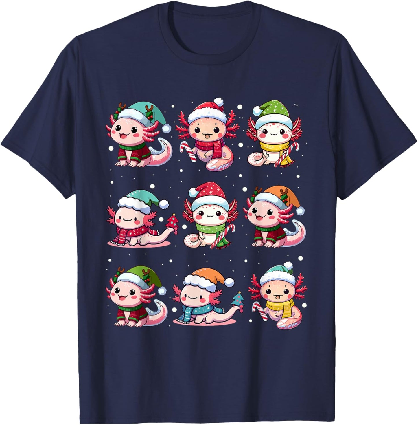 Cute Axolotl Santa Hat Xmas Lights Japanese Christmas Anime T-Shirt - T-Shirt | Navy