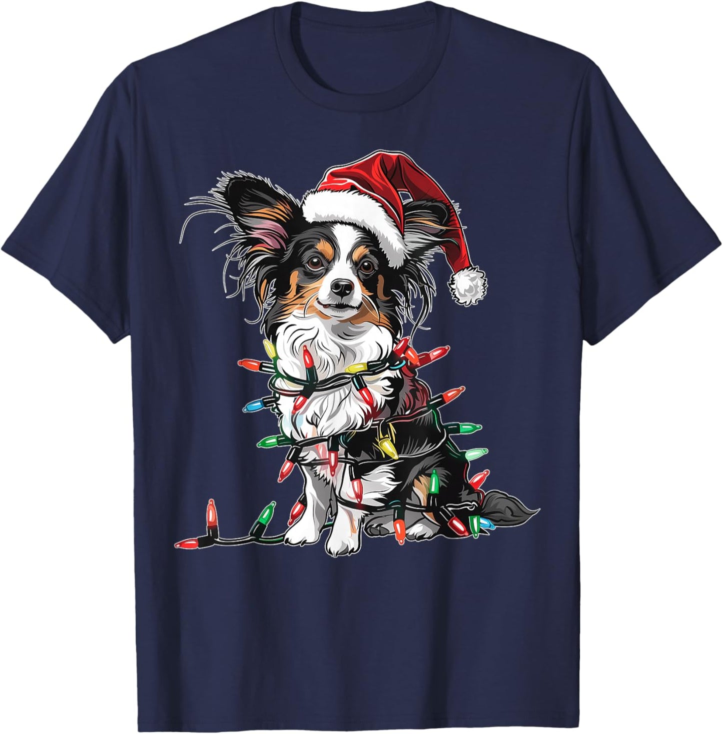 Cute Papillon Dog Christmas Hat Xmas T-Shirt - T-Shirt | Navy