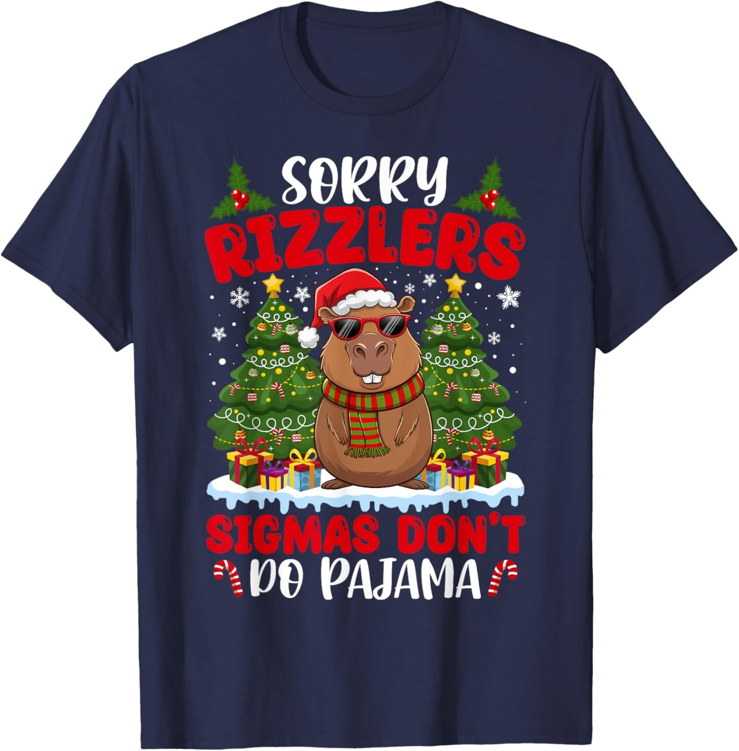 Sigmas Don't Do Pajamas Funny Gen Alpha Christmas Capybara T-Shirt - T-Shirt | Navy