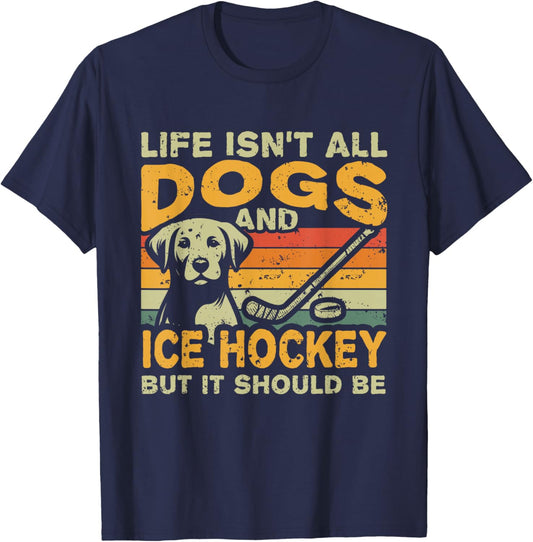 Adult Retro Themed Dog And Hockey Black Small T-Shirt - T-Shirt | Navy