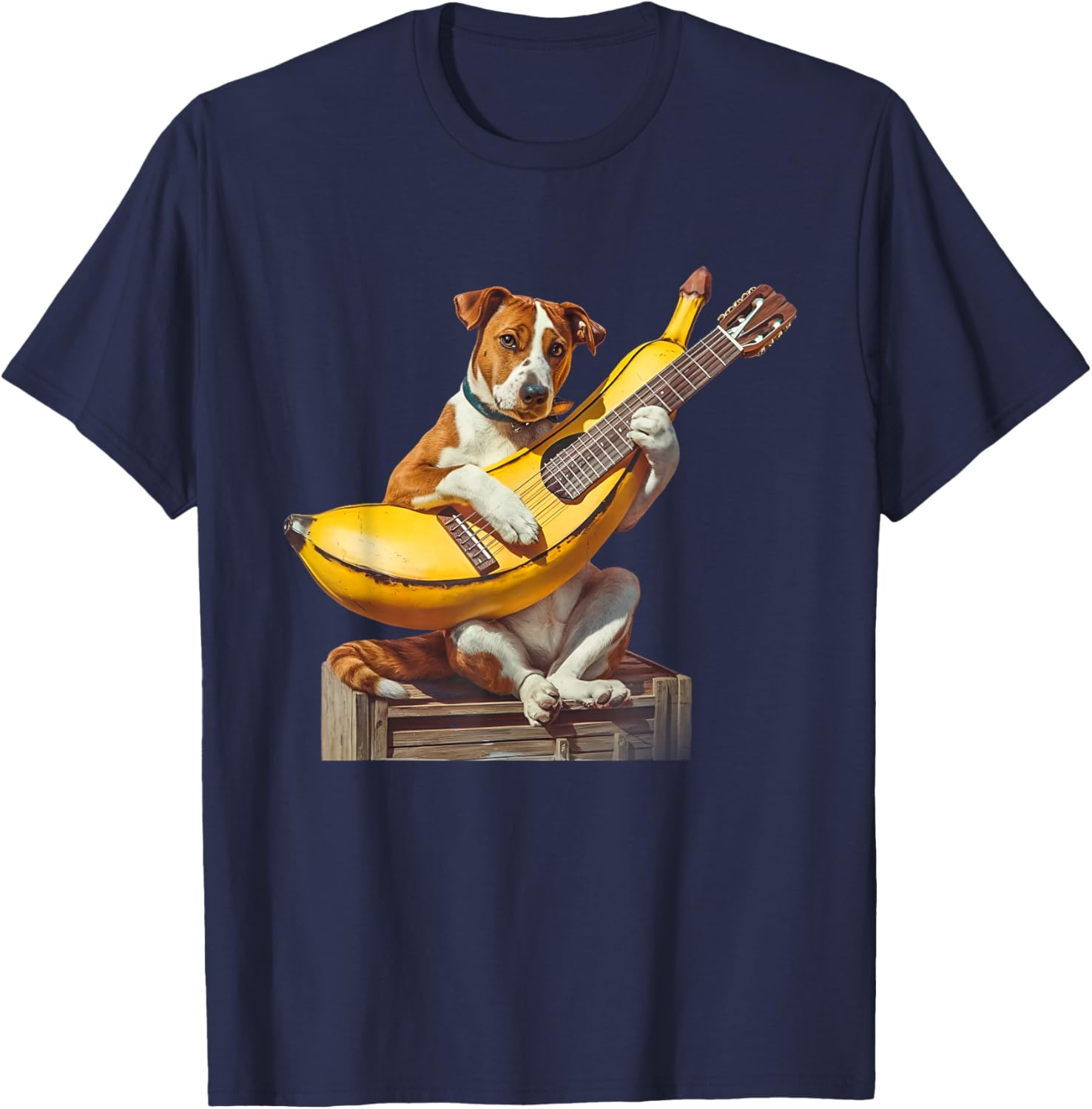 Retro Labrador Dog Playing Acoustic Guitar Banana Dog Lover Women Girls Kids T-Shirt - T-Shirt | Navy
