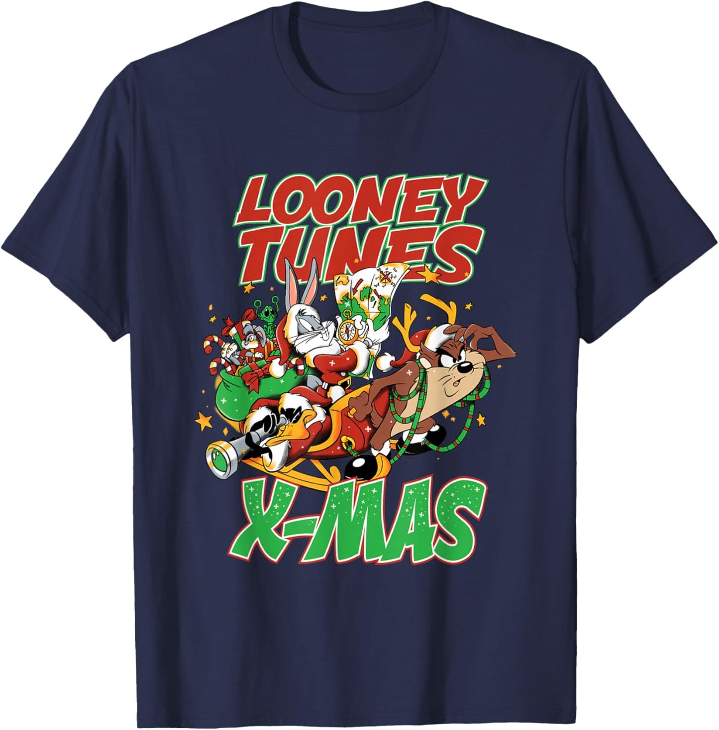 Christmas Looney Tunes Tax Reindeer Sleigh Bugs Daffy T-Shirt - T-Shirt | Navy