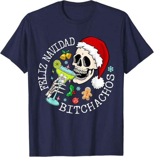 Feliz Navidad Bitchachos Funny Skull Spanish Merry Christmas T-Shirt - T-Shirt | Navy