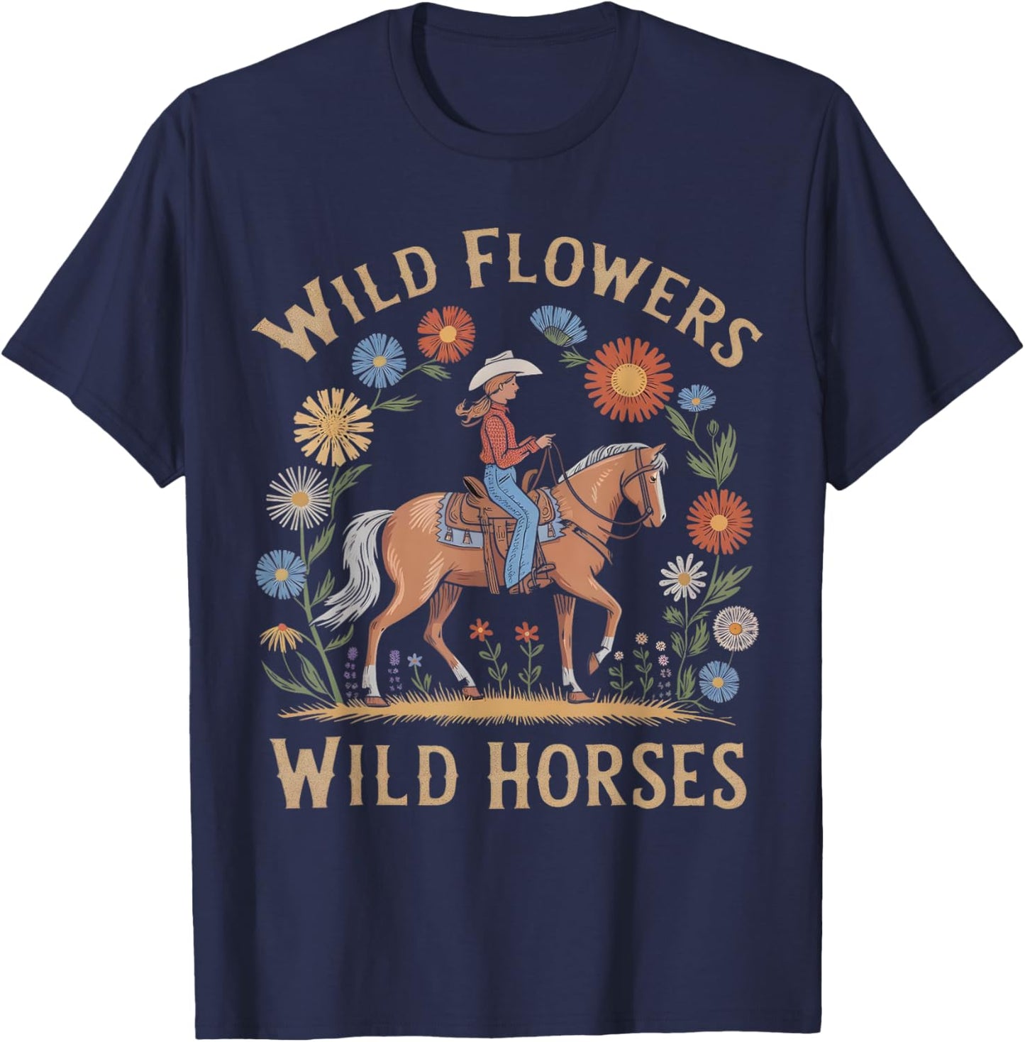 Retro Southern Sunset Wild Cowgirl Flowers - Wild Horses T-Shirt - T-Shirt | Navy