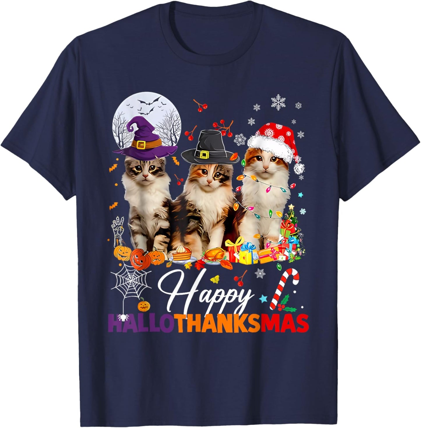 Happy Hallothanksmas Cute Cats Halloween Thanksgiving Xmas T-Shirt - T-Shirt | Navy