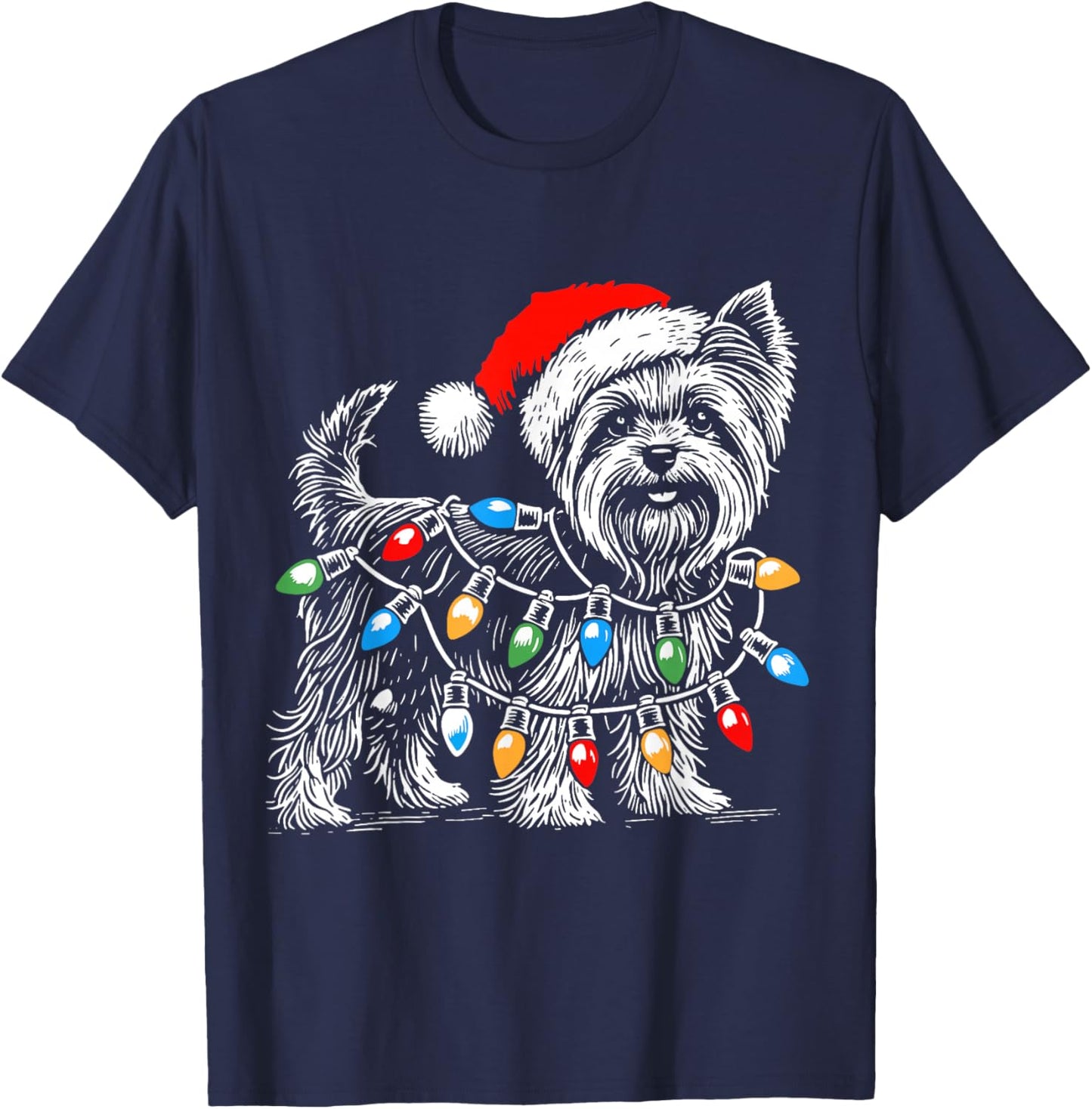 Yorkshire Terrier Christmas Lights Decorations Yorkie Dog PJ T-Shirt - T-Shirt | Navy