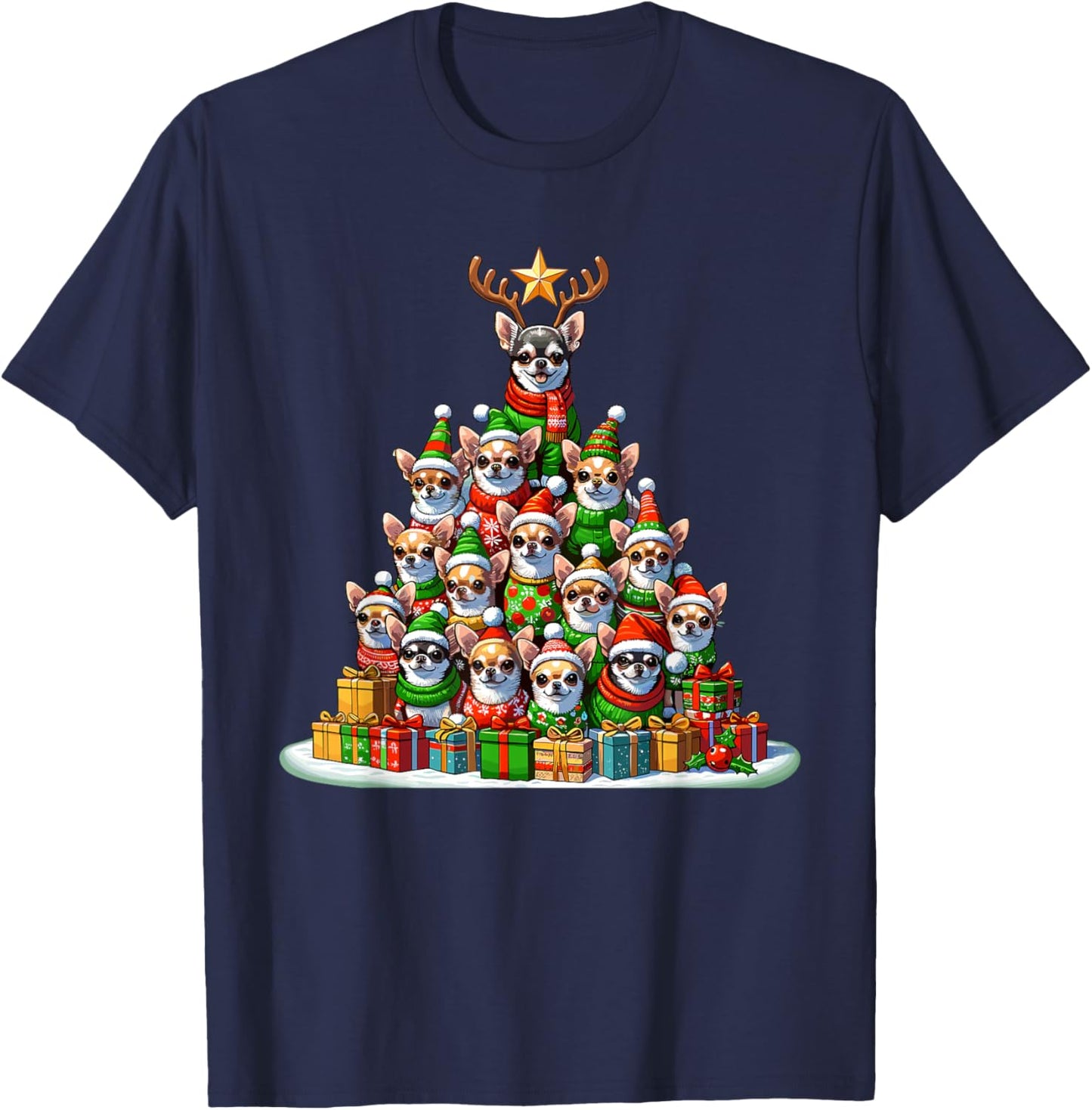 Christmas Tree Chihuahua Chihuahuas Chi T-Shirt - T-Shirt | Navy