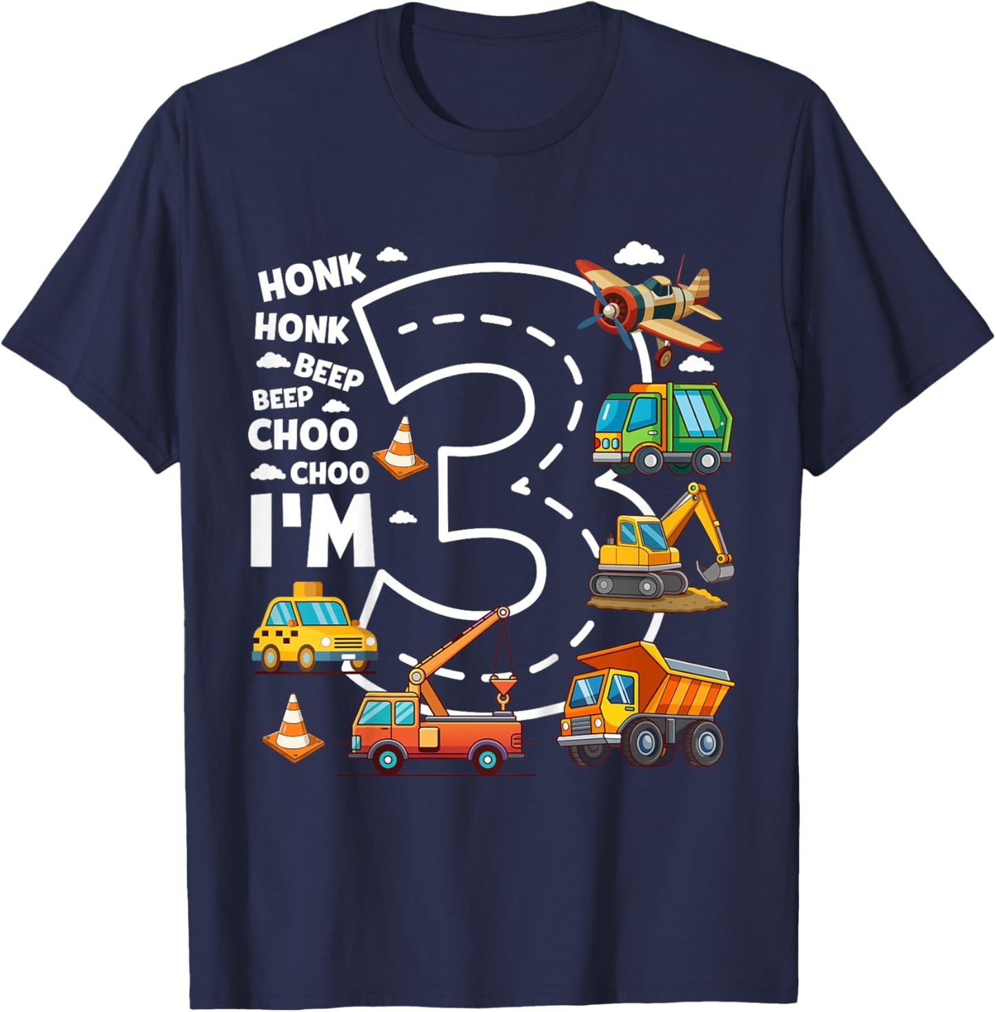 Kids 3 Year Old Transportation Birthday Boy 3rd Toddler Truck Car T-Shirt - T-Shirt | Navy