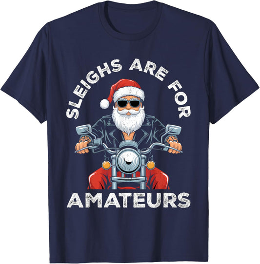 Christmas Funny Santa Claus Retro X-Mas Vacation Motorcycle T-Shirt - T-Shirt | Navy