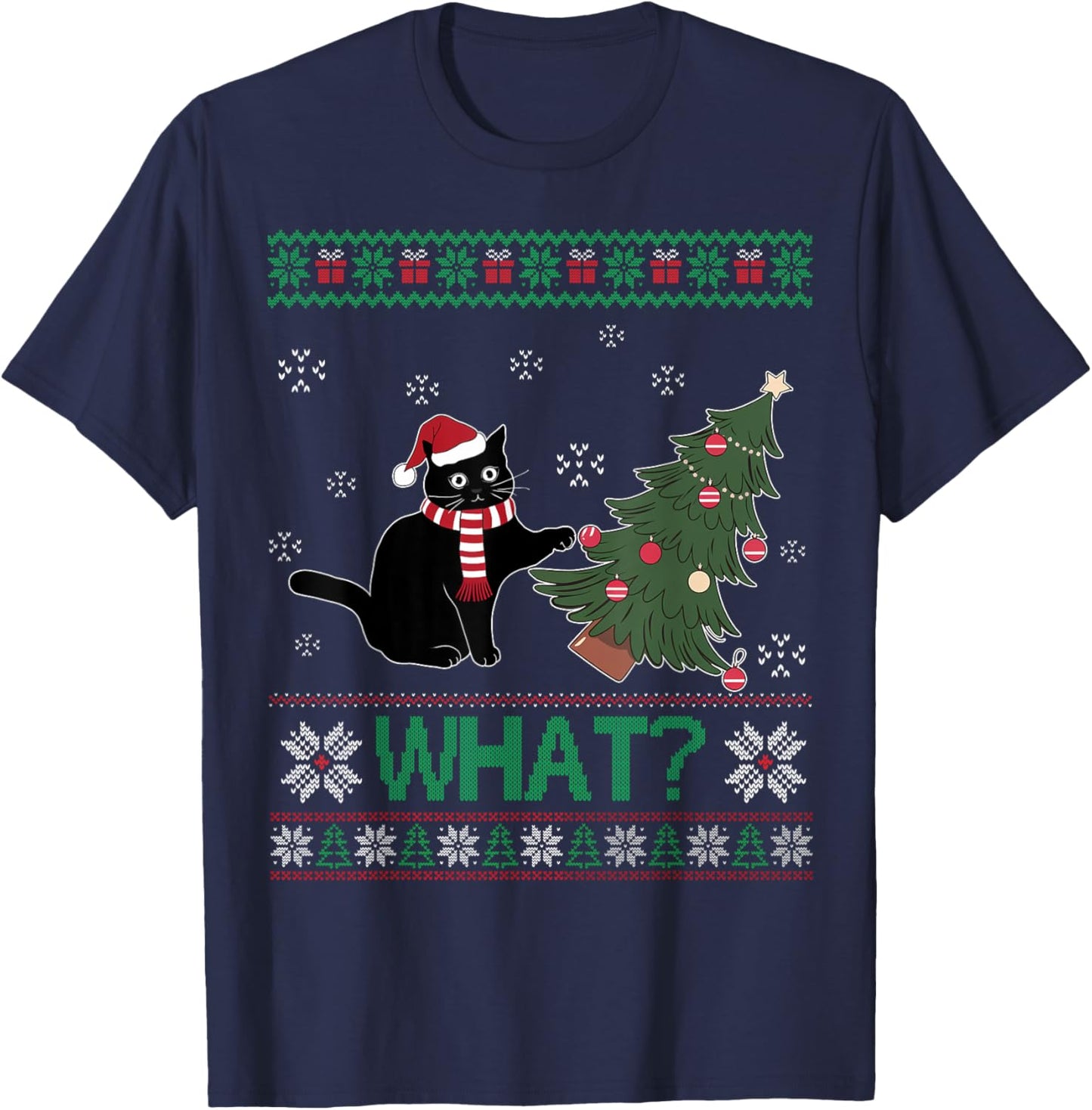 Black Cat What Pushing Christmas Tree Funny Cat Xmas Gifts Men Women Kids T-Shirt - T-Shirt | Navy