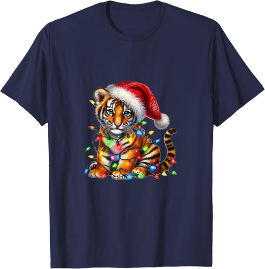Cute Tiger Christmas Lights Festive Holiday T-Shirt - T-Shirt | Navy