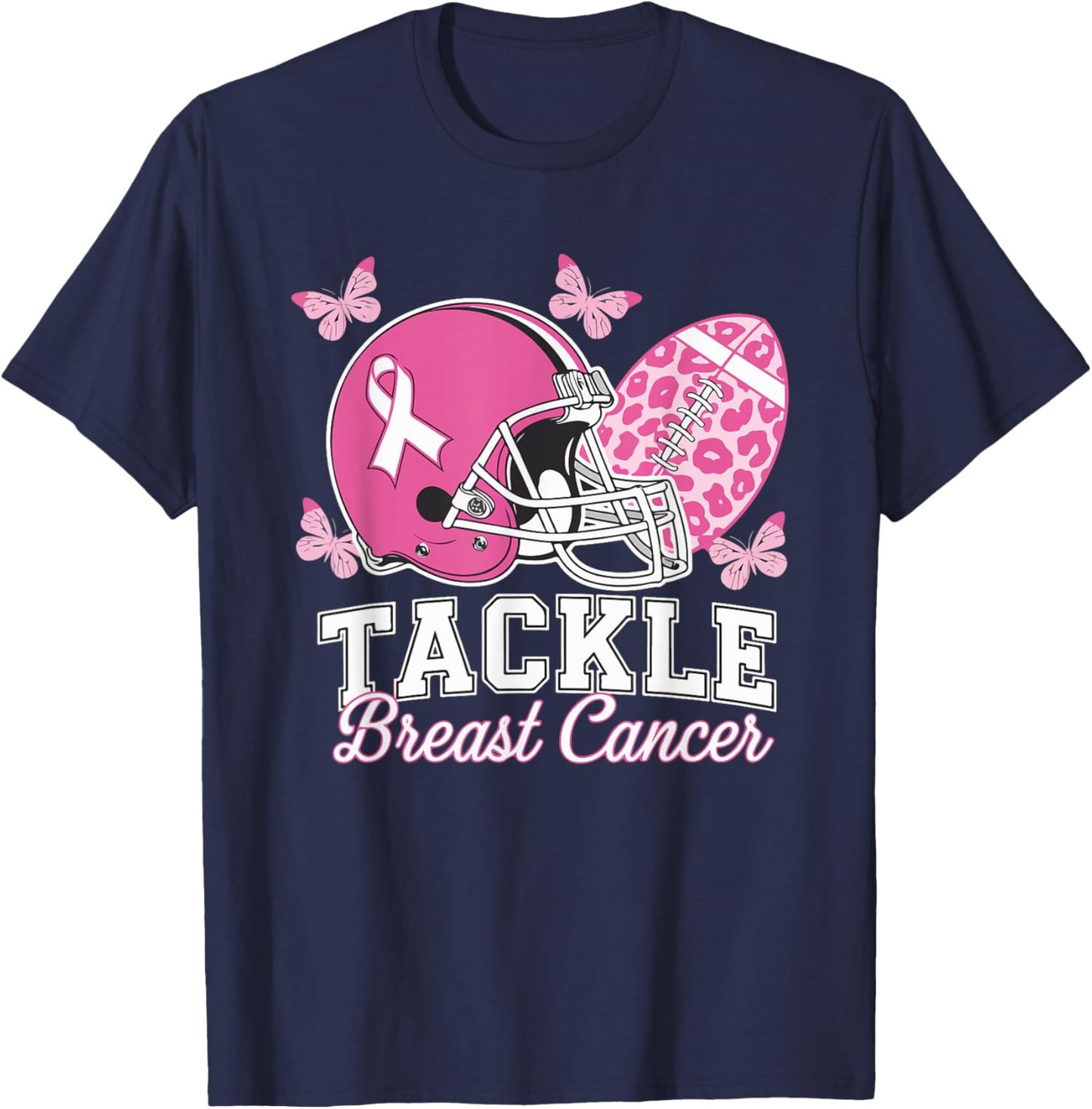 Tackle Breast Cancer Pink Ribbon American Fantasy Football T-Shirt - T-Shirt | Navy