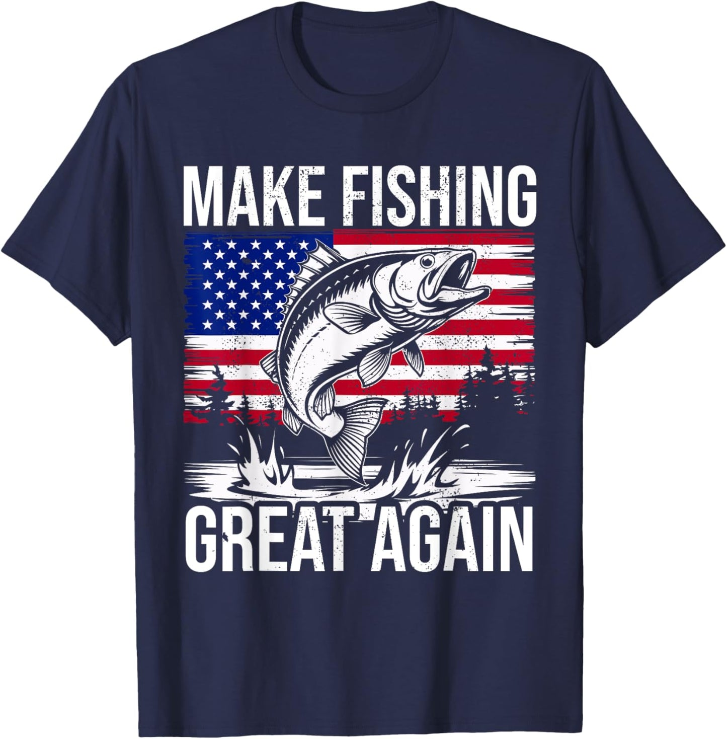 Funny Fishing & Trump Fisherman Gifts American Flag Red Wave T-Shirt - T-Shirt | Navy