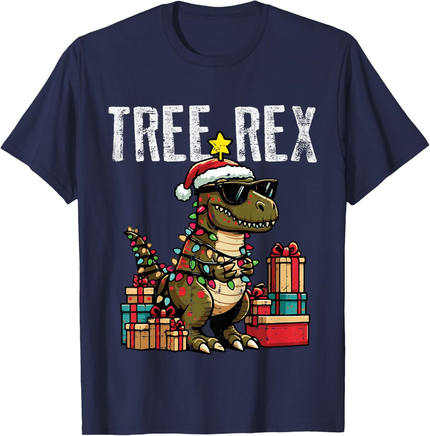 Kids Christmas Dinosaur Tree Rex Xmas Trex Toddler Boys Kid Youth T-Shirt - T-Shirt | Navy