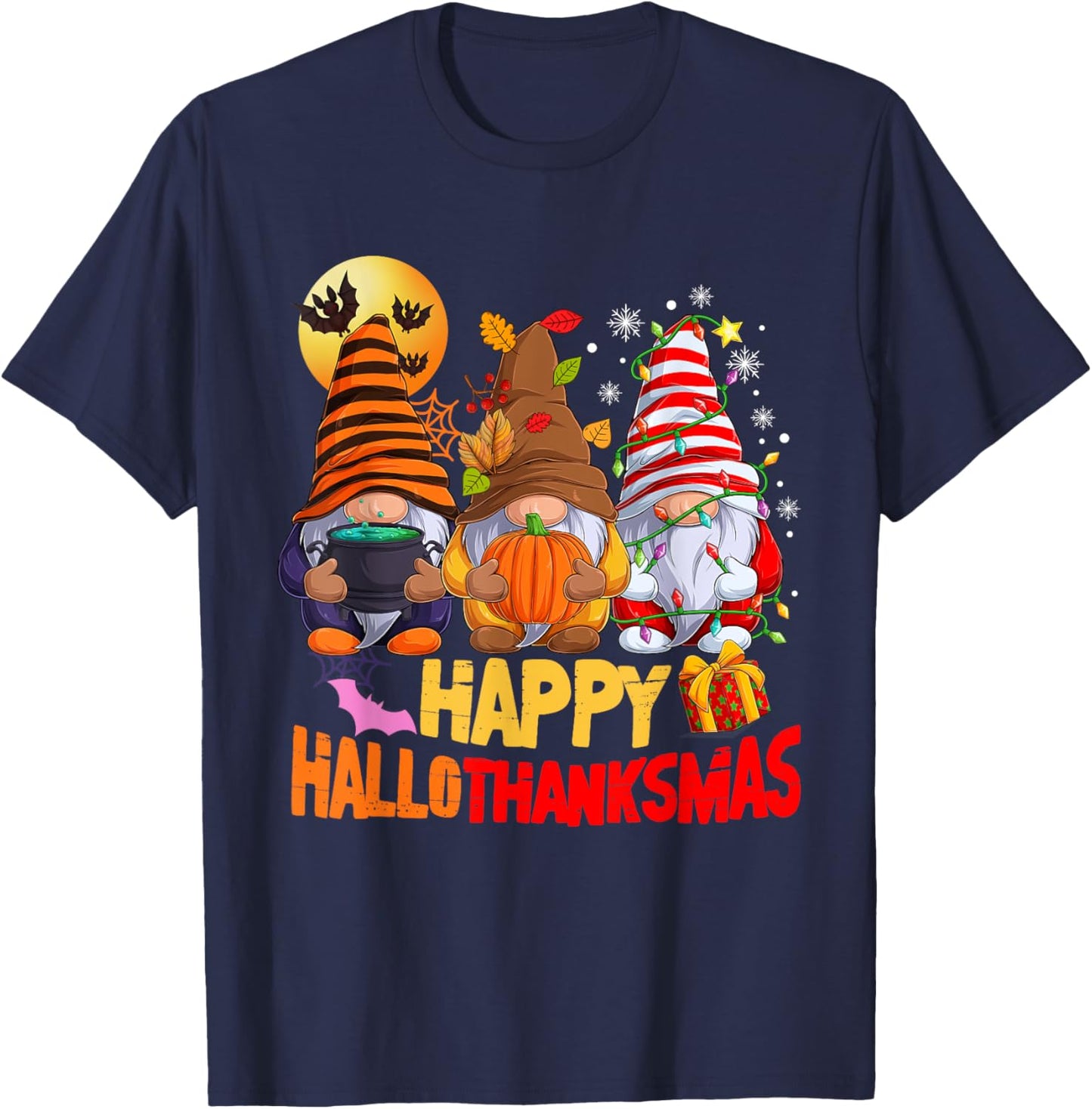 Happy Hallothanksmas Gnomes Lover Halloween Merry Christmas T-Shirt - T-Shirt | Navy