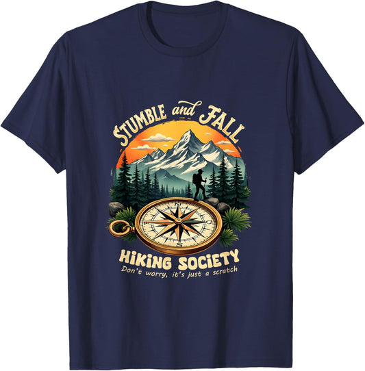Retro Vintage Hiking and Climbing Costume Vintage Stumble And Fall Hiking Society Don't Worry Hiking - -Adults, Black, Small, Short Sleeve, Polyester 100%, Nature T-Shirt - T-Shirt | Navy