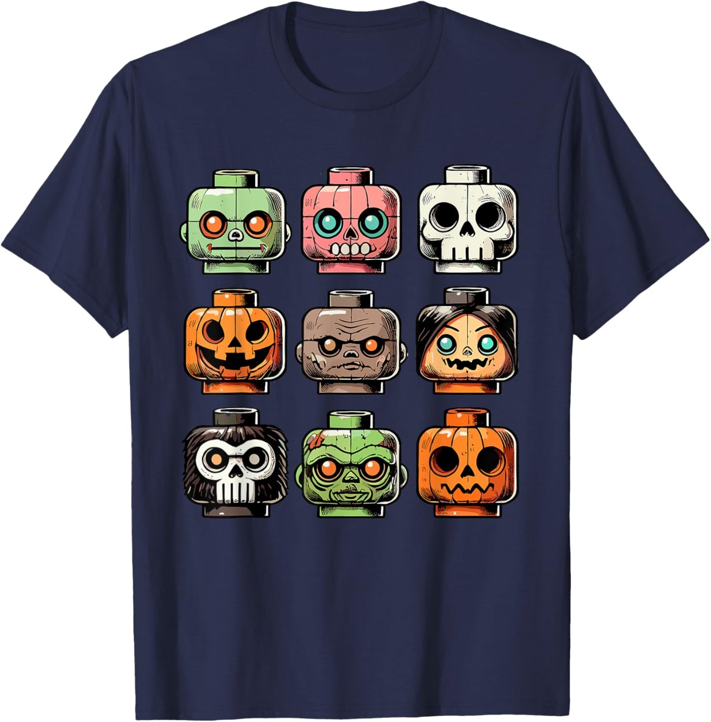 Retro Horror Bricks Head Scary Halloween Mask T-Shirt - T-Shirt | Navy