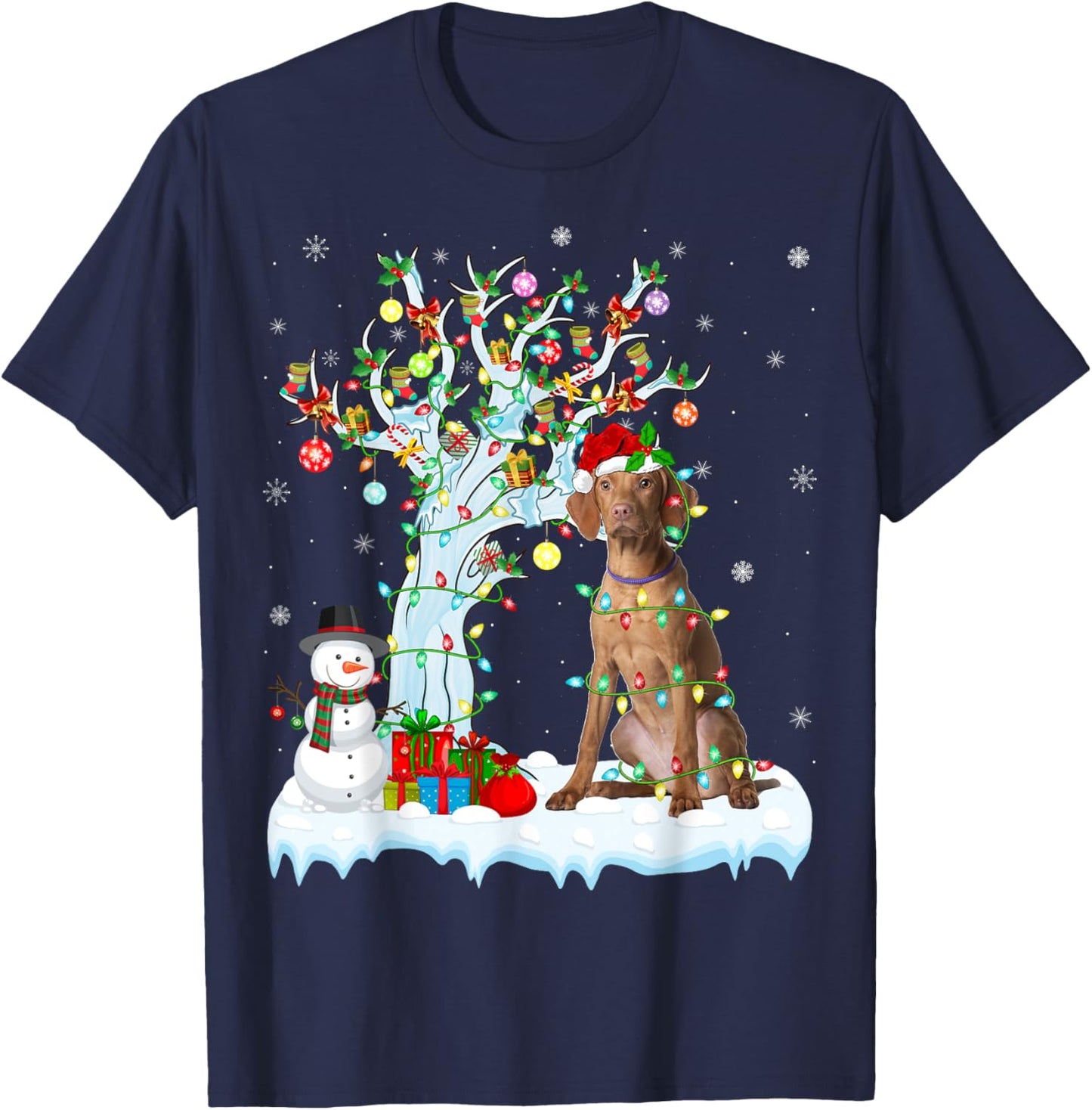 Vizsla Dog Xmas Lighting Tree Santa Hat Vizsla Christmas Men Women Kids T-Shirt - T-Shirt | Navy