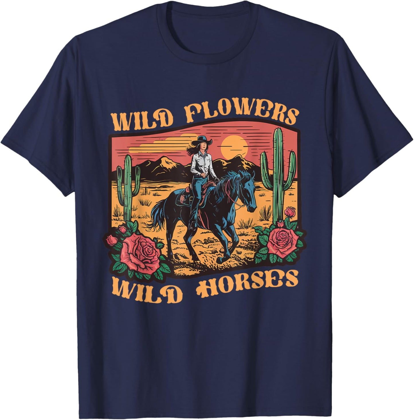 Vintage Sunset Cowgirl Riding Horse Wildflowers Women Girls T-Shirt - T-Shirt | Navy