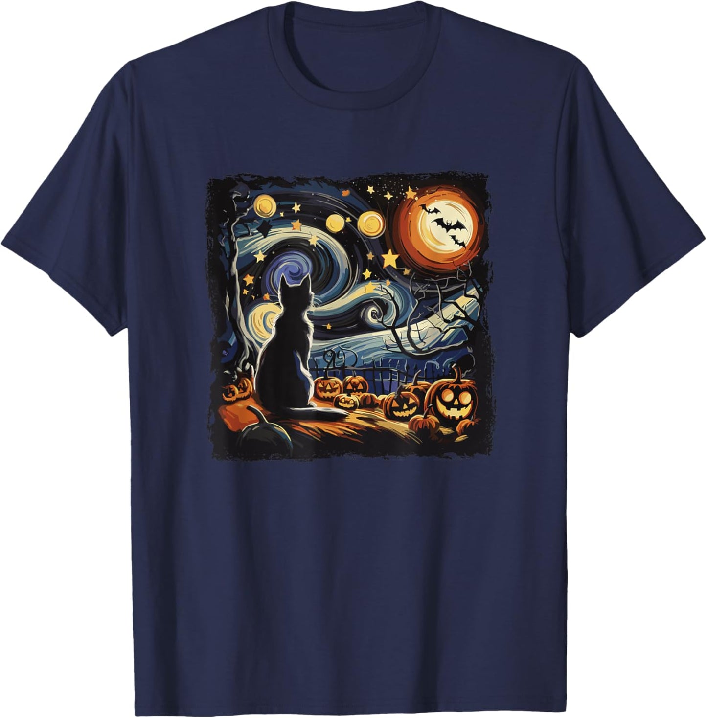 Halloween Van Gogh Starry Night Black Cat Pumpkins And Bats T-Shirt - T-Shirt | Navy