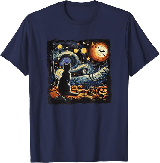 Halloween Van Gogh Starry Night Black Cat Pumpkins And Bats T-Shirt - T-Shirt | Navy