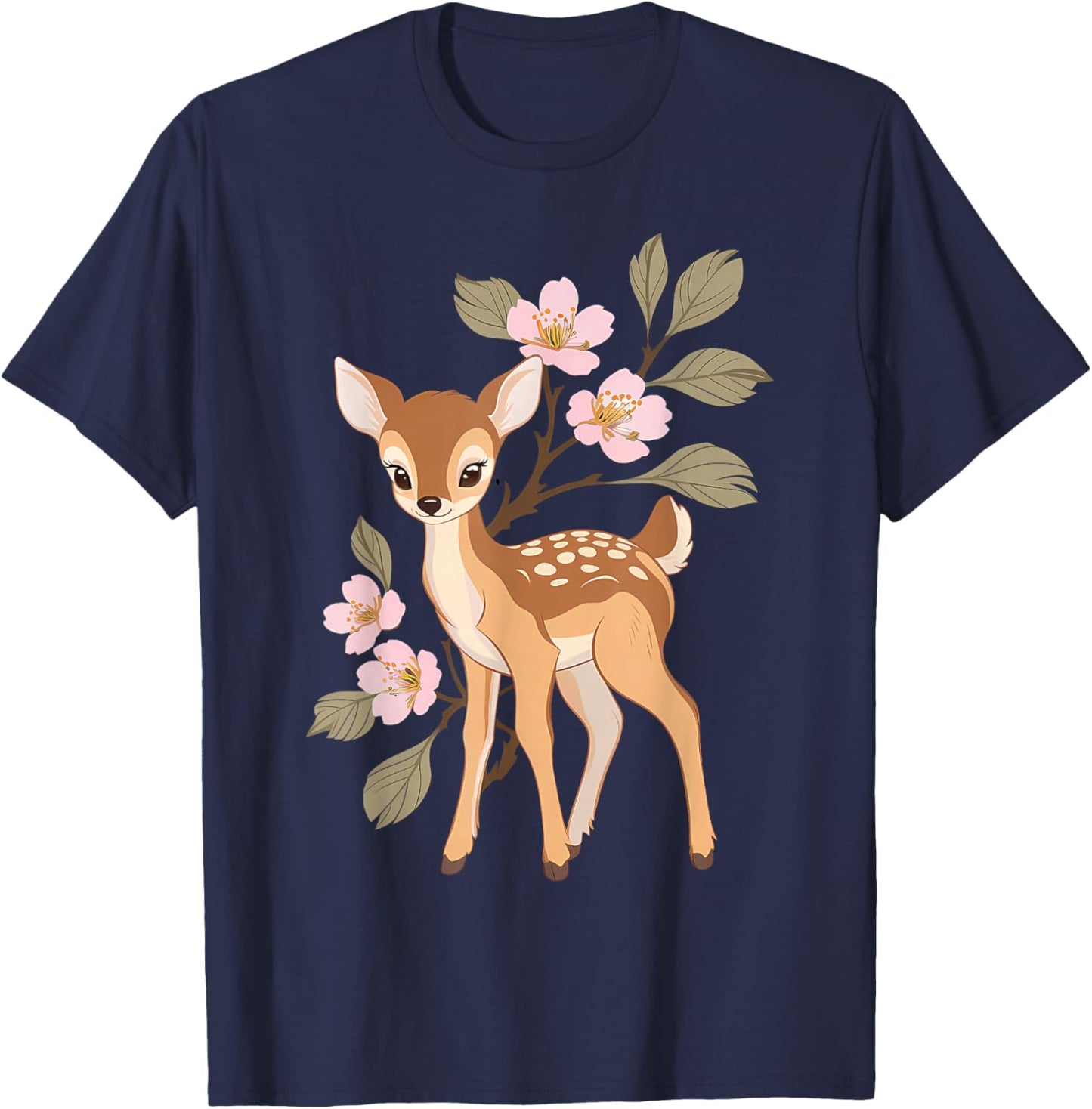 Cute Kawaii Japanese Graphic Deer Sakura Cherry Blossom T-Shirt - T-Shirt | Navy