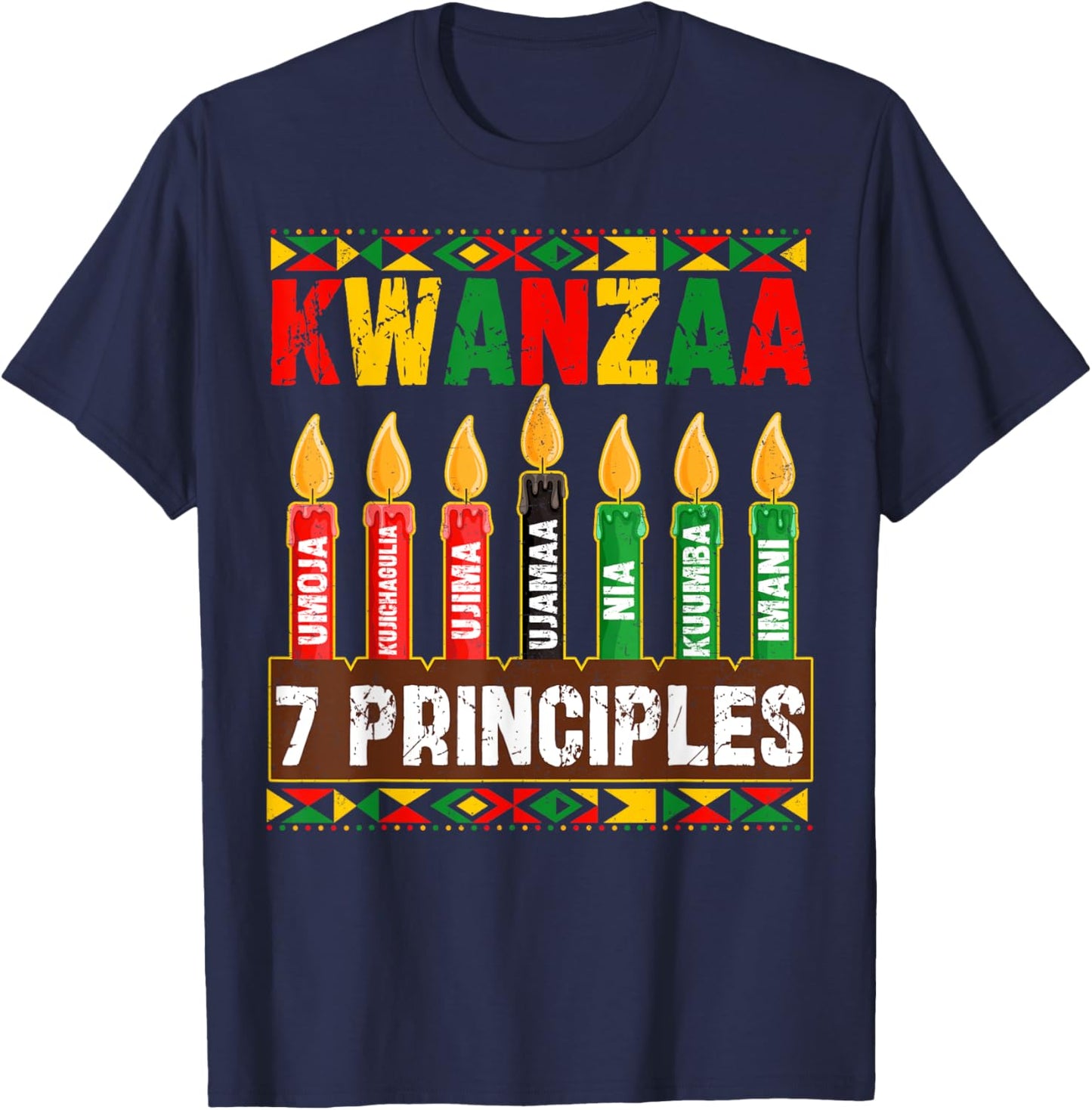 Happy Kwanzaa Kinara Seven Principles Candles Pan African T-Shirt - T-Shirt | Navy