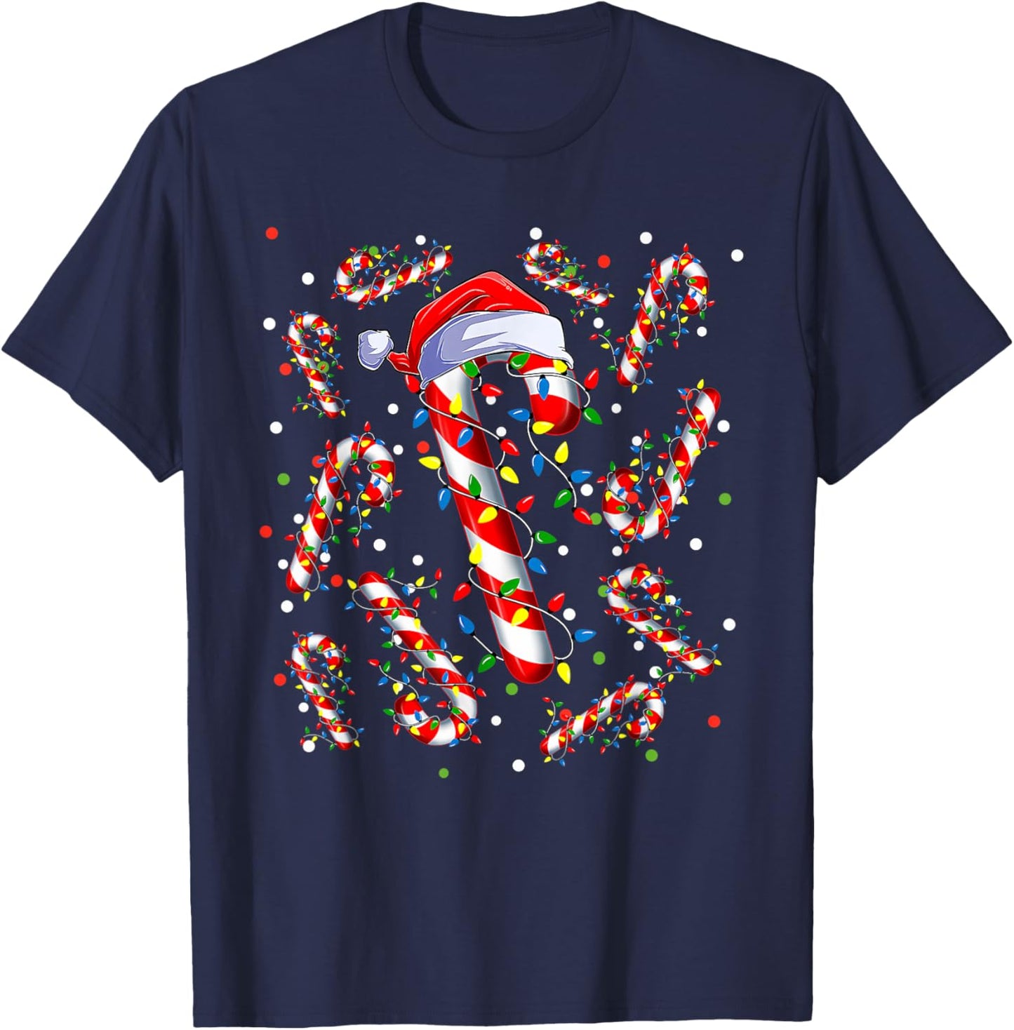 Candy Cane Santa Hat Christmas Xmas Lights Red And White T-Shirt - T-Shirt | Navy
