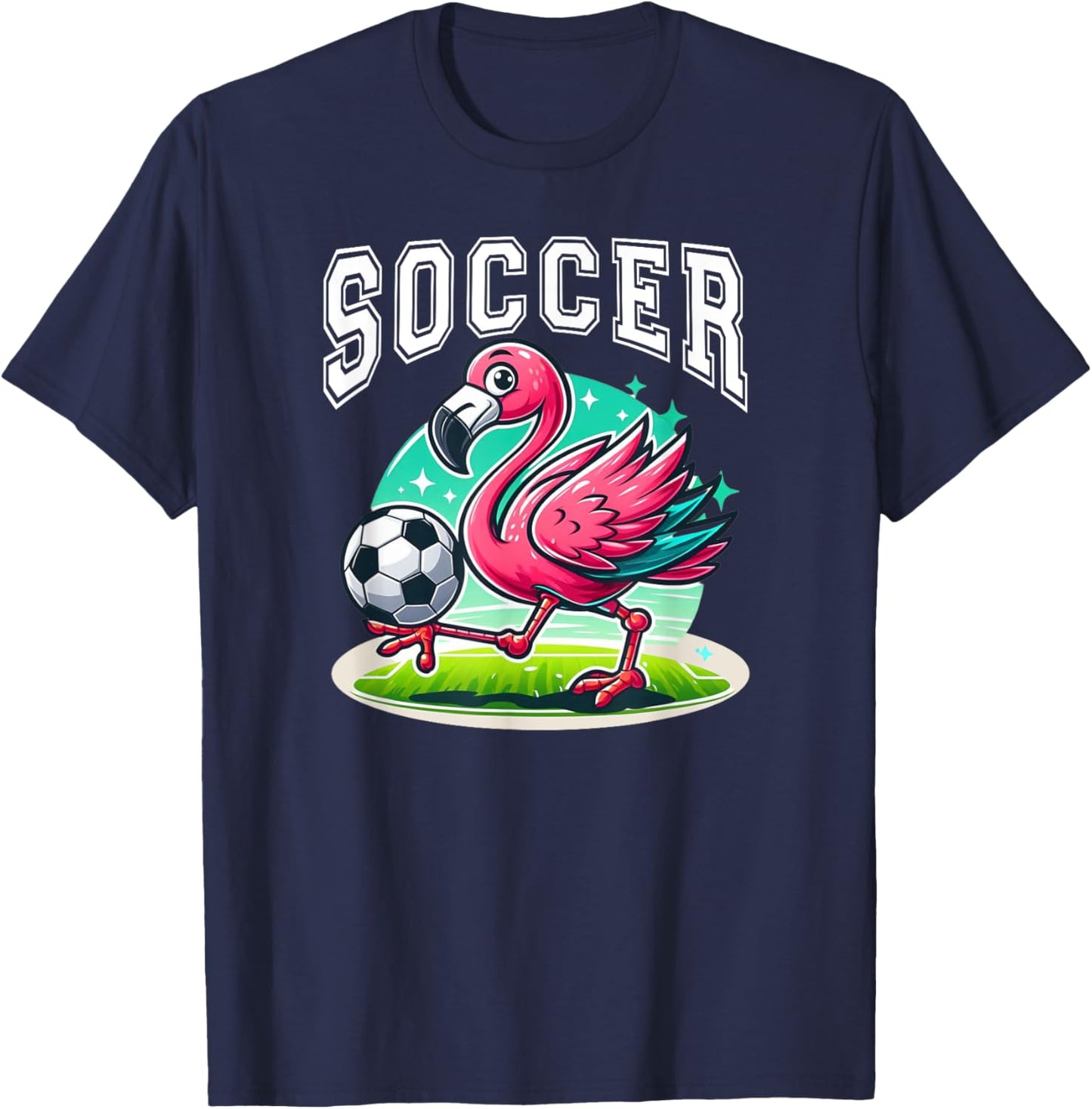 Pink Flamingo Playing Soccer T-Shirt - T-Shirt | Navy