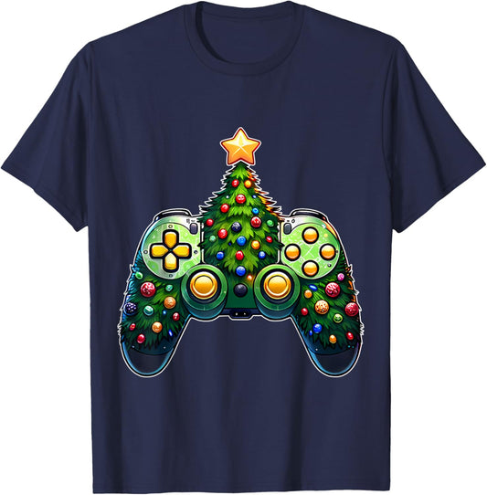 Christmas Gamer Gaming Controller Christmas Tree T-Shirt - T-Shirt | Navy