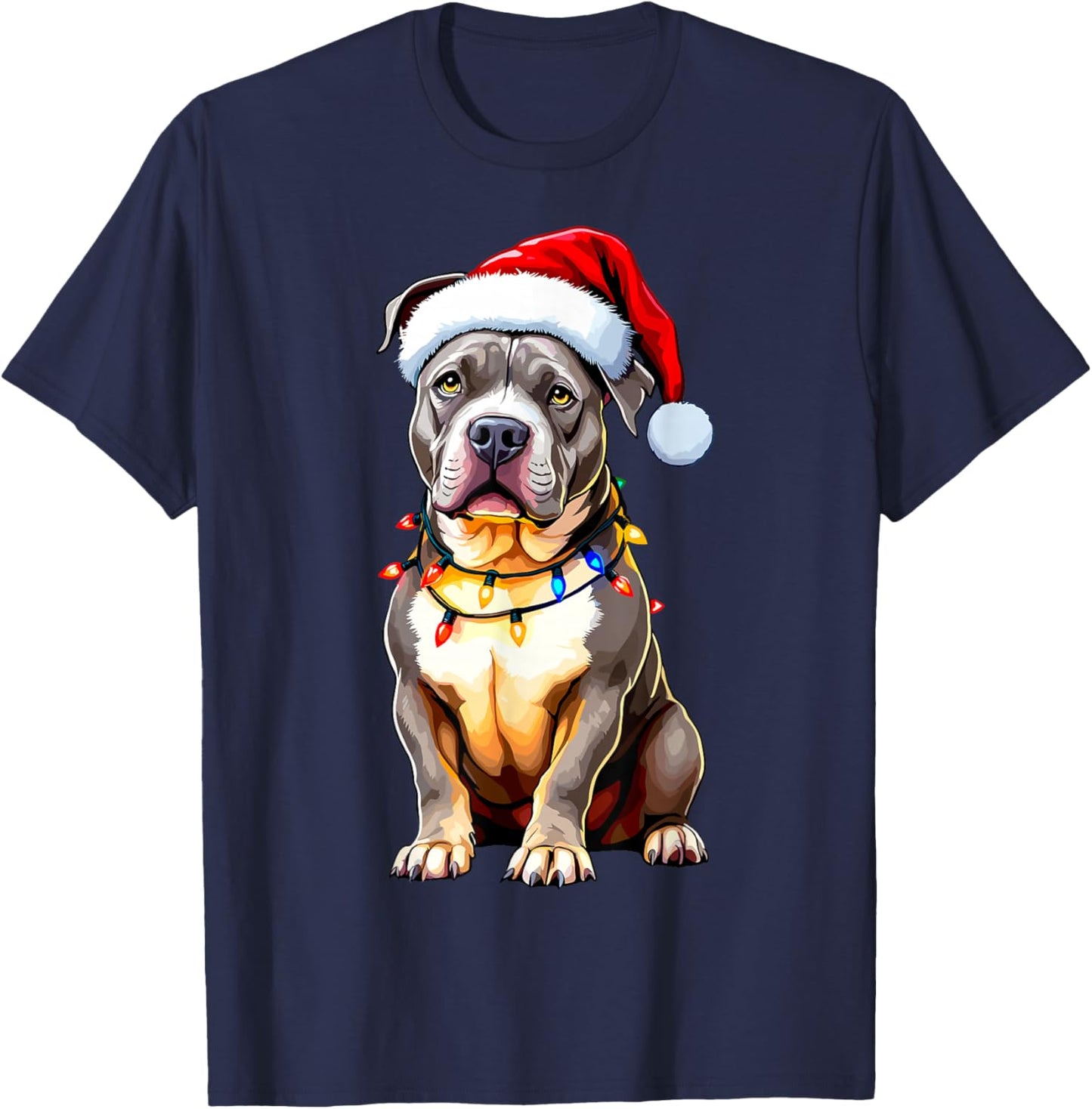 Funny Pitbull Pittie Santa Dog Lover Xmas Christmas Lights Women Kids T-Shirt - T-Shirt | Navy