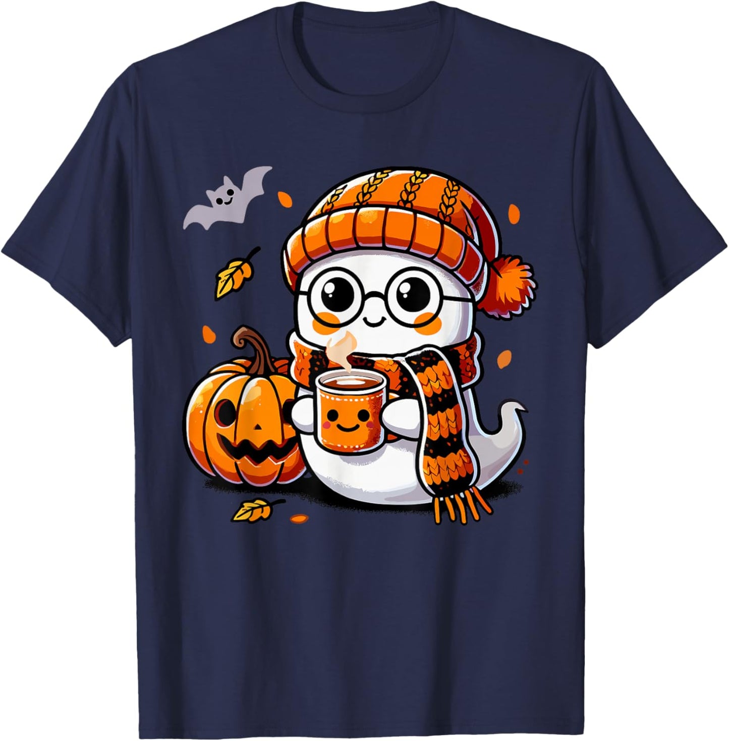 Ghost Drinking Coffee & Tea, Cute Halloween Kawaii T-Shirt - T-Shirt | Navy