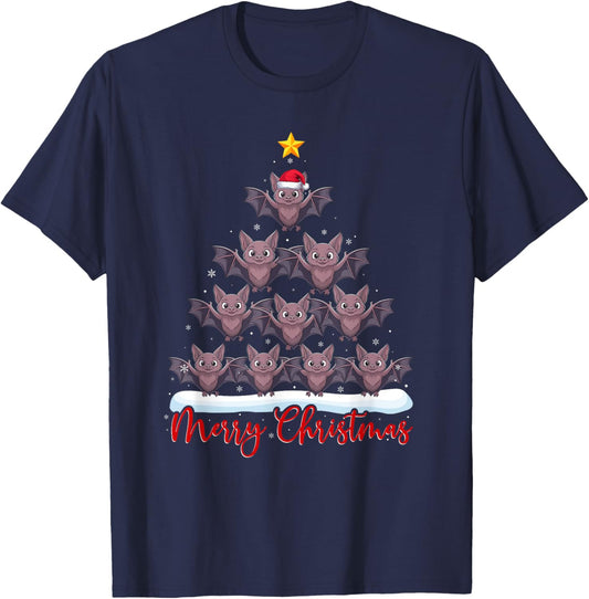 Santa Hat Ugly Xmas Funny Bat Christmas Tree T-Shirt - T-Shirt | Navy