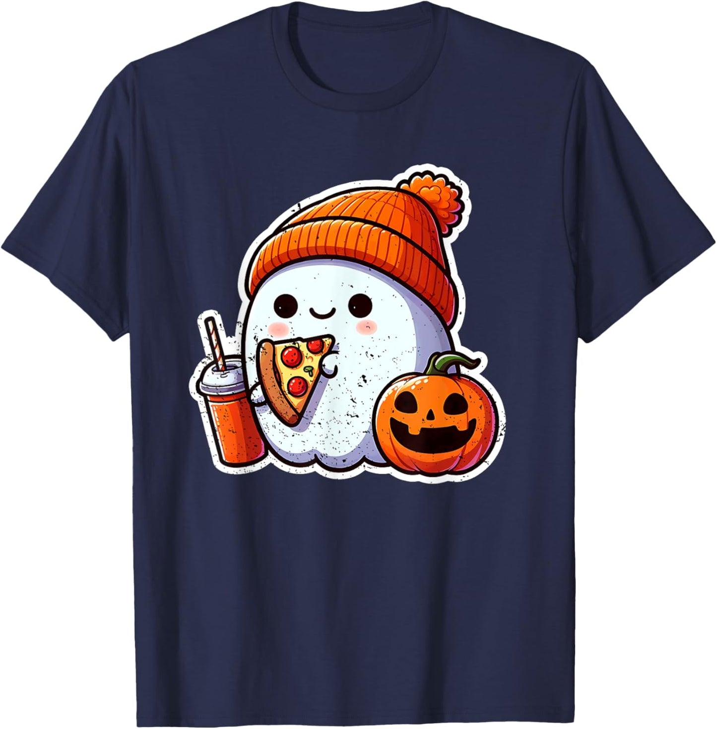 Halloween Ghost Coffee n Pizza Cute Costume Girl Kids Women T-Shirt - T-Shirt | Navy