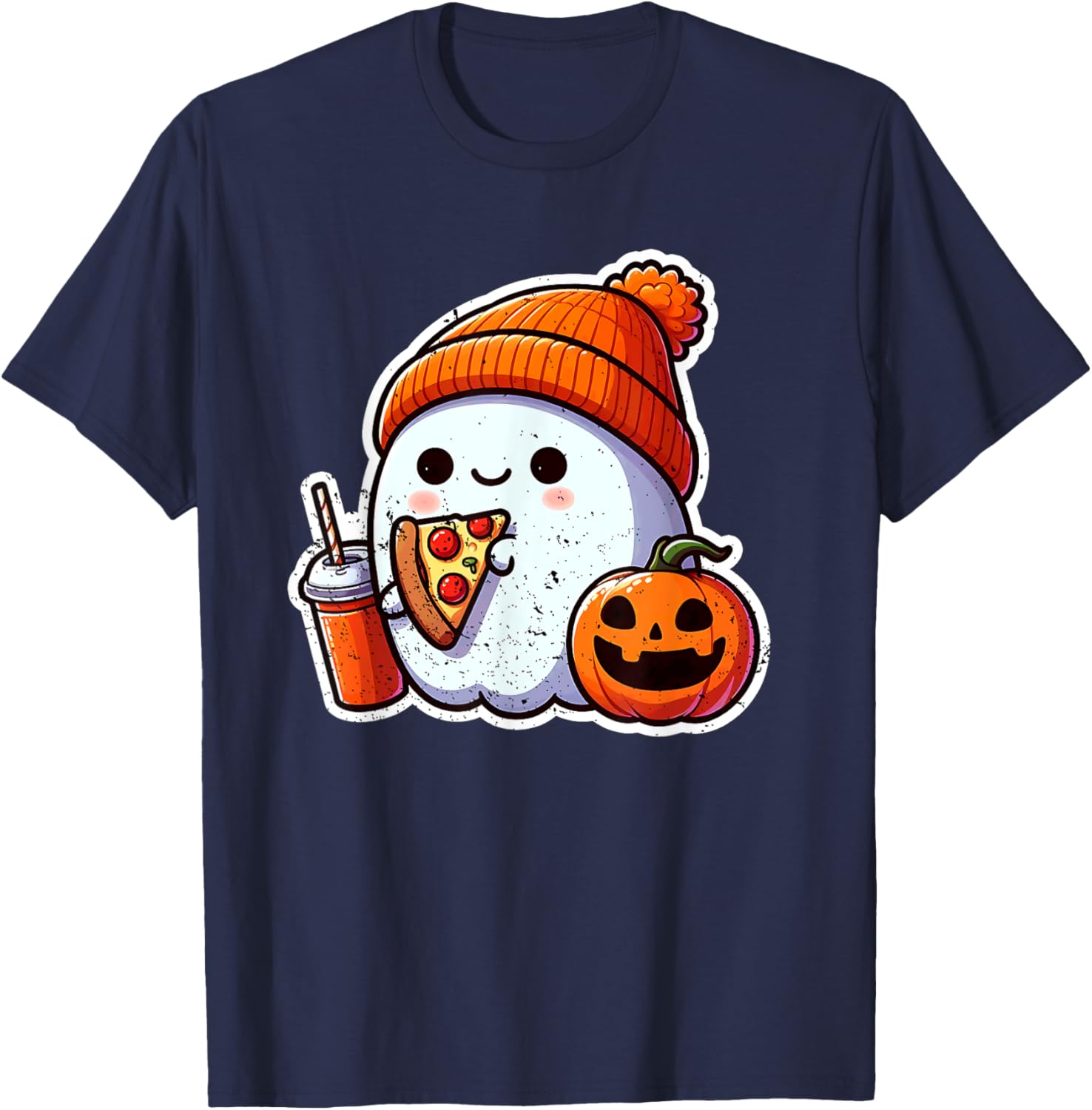 Halloween Ghost Coffee n Pizza Cute Costume Girl Kids Women T-Shirt - T-Shirt | Navy