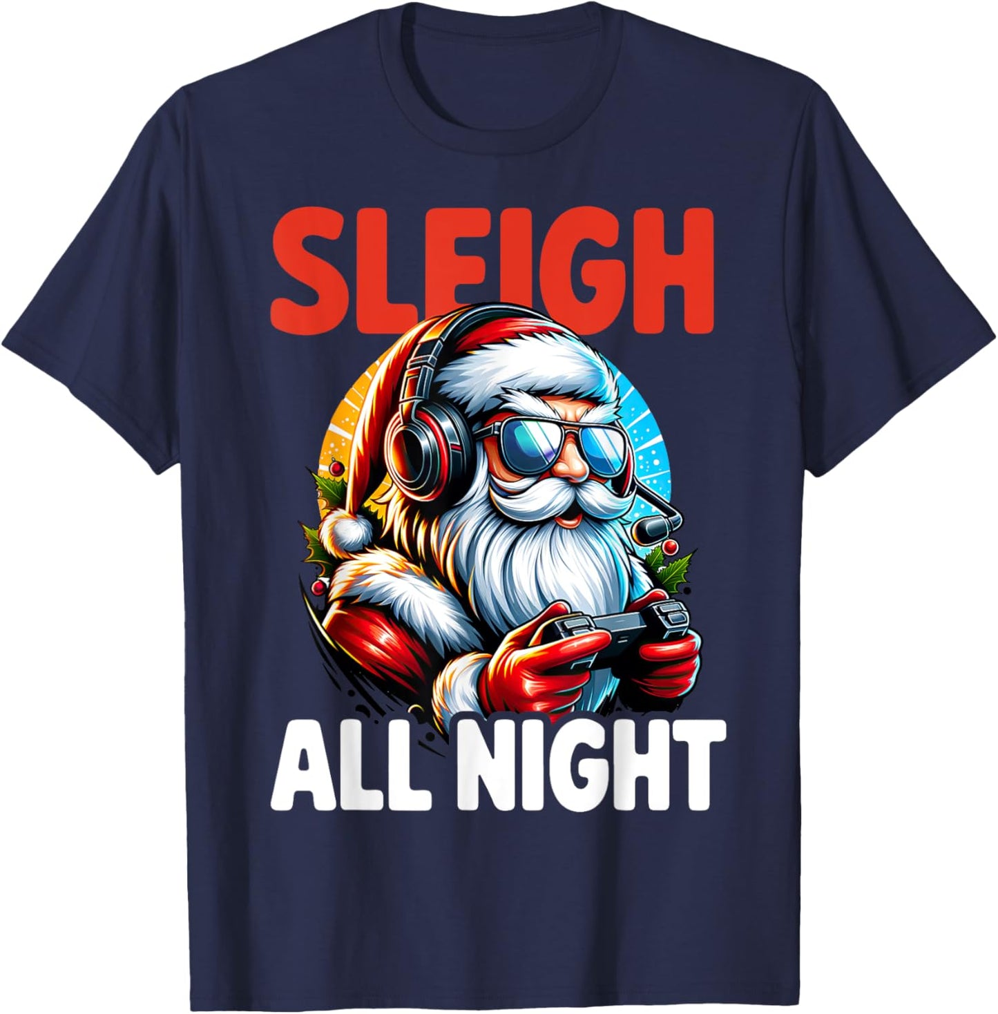Christmas Gamer Boys Sleigh All Night Video Game Santa Xmas T-Shirt - T-Shirt | Navy