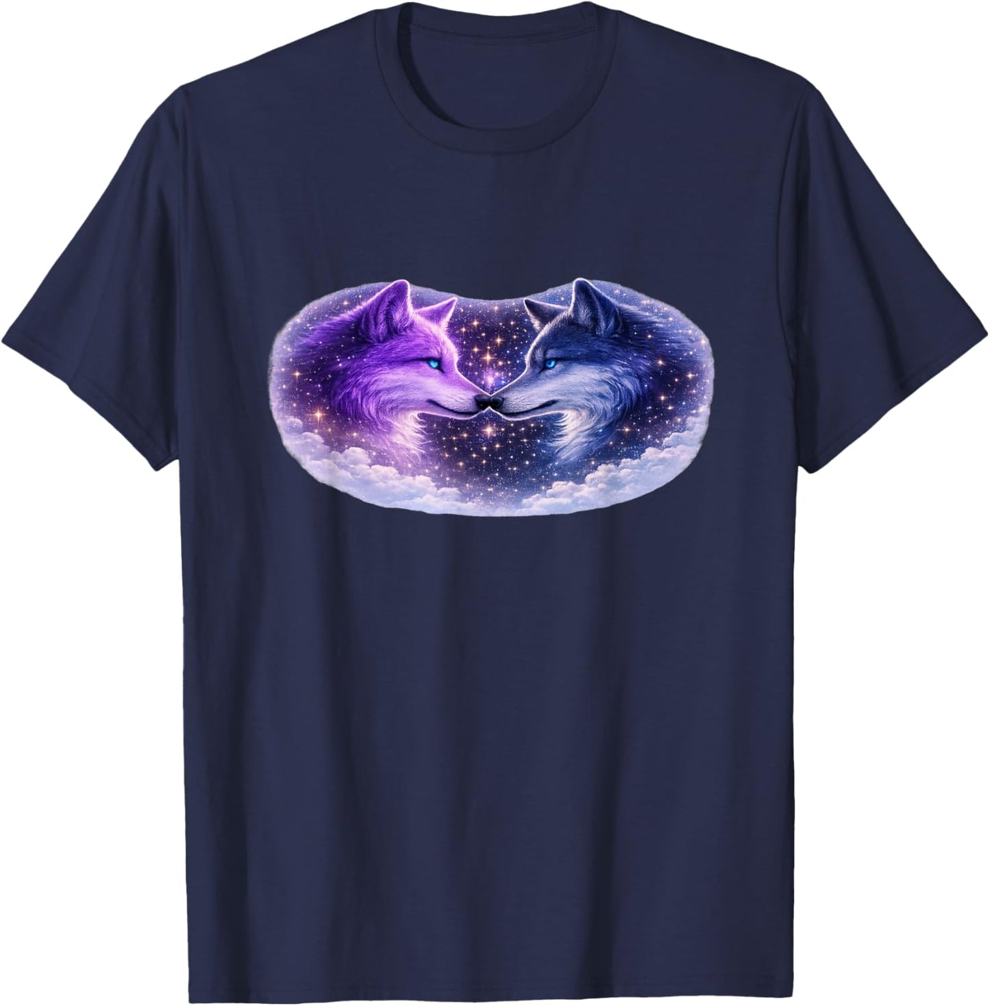 Celestial Purple Blue Wolves Cosmic Spirit Wolf Art T-Shirt - T-Shirt | Navy